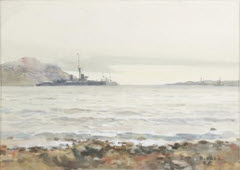 Ship off a coastline watercolour by Robert Eadie