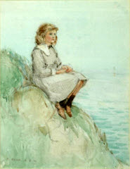 Girl seated on a rock looking out to sea by Robert Eadie