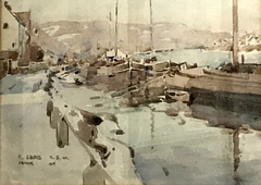 Namur, riverside quay, 1919, by Robert Eadie