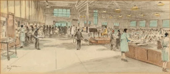 Workers' Playtime At The Rolls Royce Factory, Hillington watercolour by Robert Eadie