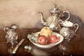 Still Life, silver tea service and fruit by Robert Eadie