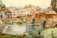 Village Scene, bridge over river with figures and swans by Robert Eadie