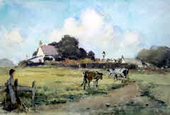 Landscape With A Farmhouse, Cattle And A Figure by Robert Eadie