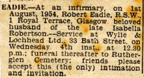 Robert Eadie, death notice, 1956