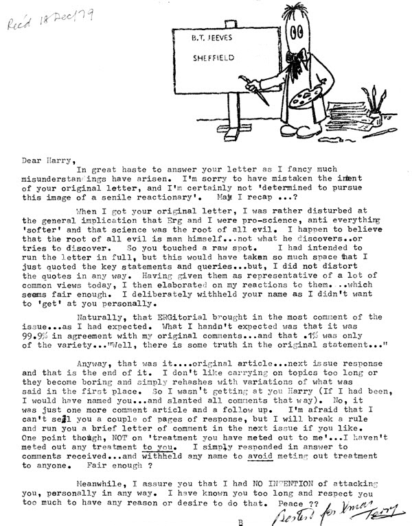 Letter from Terry Jeeves to Harry Turner, December 1979