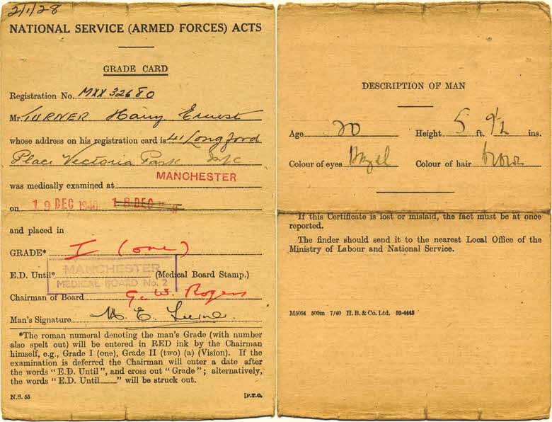 RAF Grade Card for Harry Turner, 1940