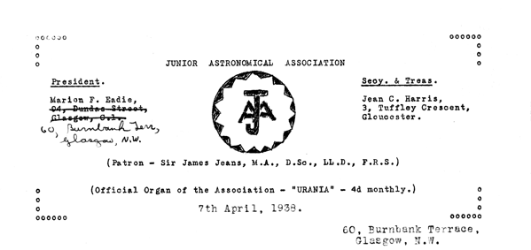 Junior Astronomical Association letterhead, 1938