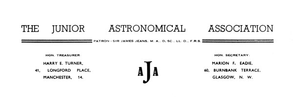 Junior Astronomical Association letterhead, 1939